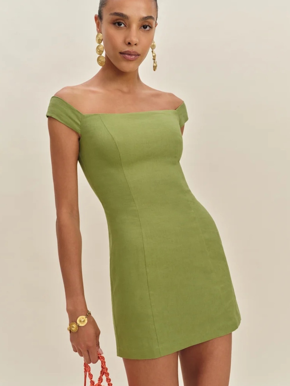 Reformation Olive Green Off-Shoulder Linen Mini Dress